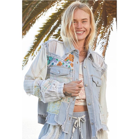 Free People Jackets & Blazers - Patchwork Denim and Lace Jacket Distressed Boho Denim Shacket Mixed Floral Lace